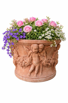 Preview: Cilindrino con Putti – handgefertigter Terrakotta-Zylindertopf aus Impruneta mit klassischer Puttenverzierung